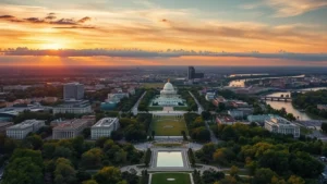 Aerial view of Washington DC cityscape with monuments and Potomac River at sunset, photorealistic landscape photography
