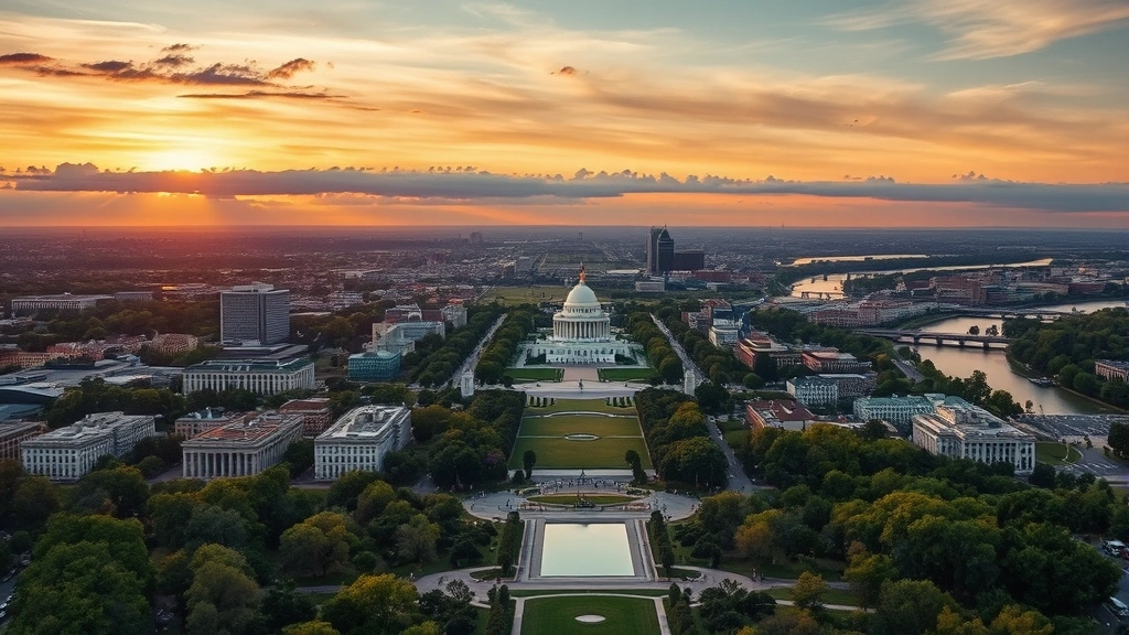 Aerial view of Washington DC cityscape with monuments and Potomac River at sunset, photorealistic landscape photography