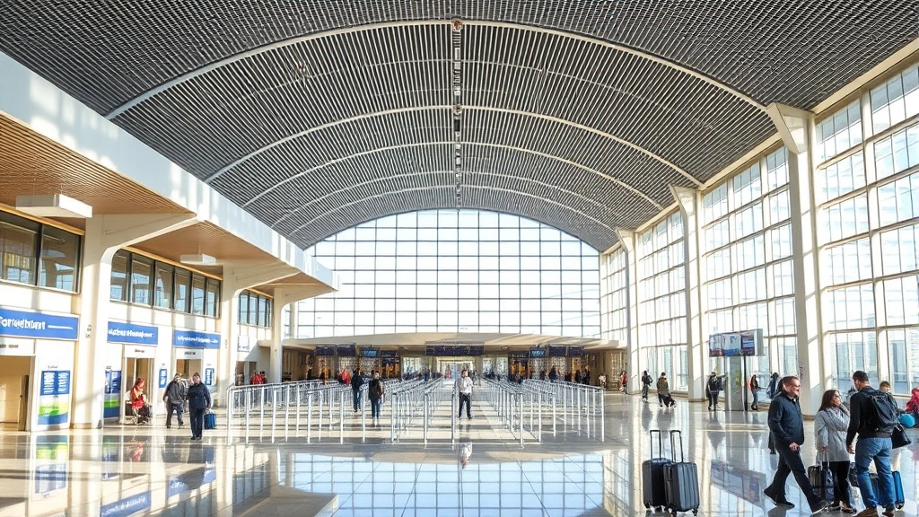 Boston Logan International Airport interior with modern terminal architecture, gates, and travelers with luggage, bright natural lighting