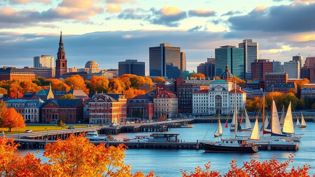 Scenic New England autumn landscape showing Boston waterfront, historic buildings, and harbor with sailboats, golden hour photography
