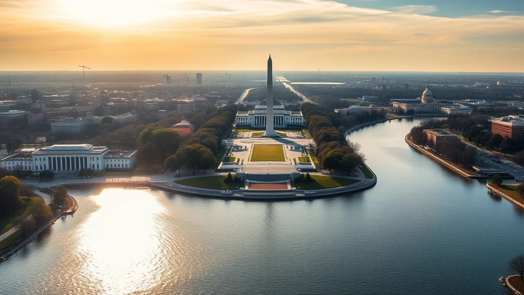 Aerial view of Washington DC monuments and Potomac River at sunrise, vibrant morning light reflecting off water, cityscape in background, no text or signs visible