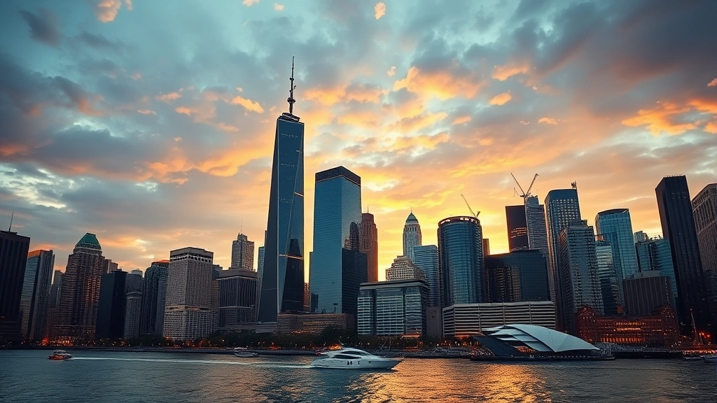 Chicago skyline featuring Willis Tower and Lake Michigan waterfront, golden hour lighting, boats on water, architectural landmarks visible, photorealistic travel photography