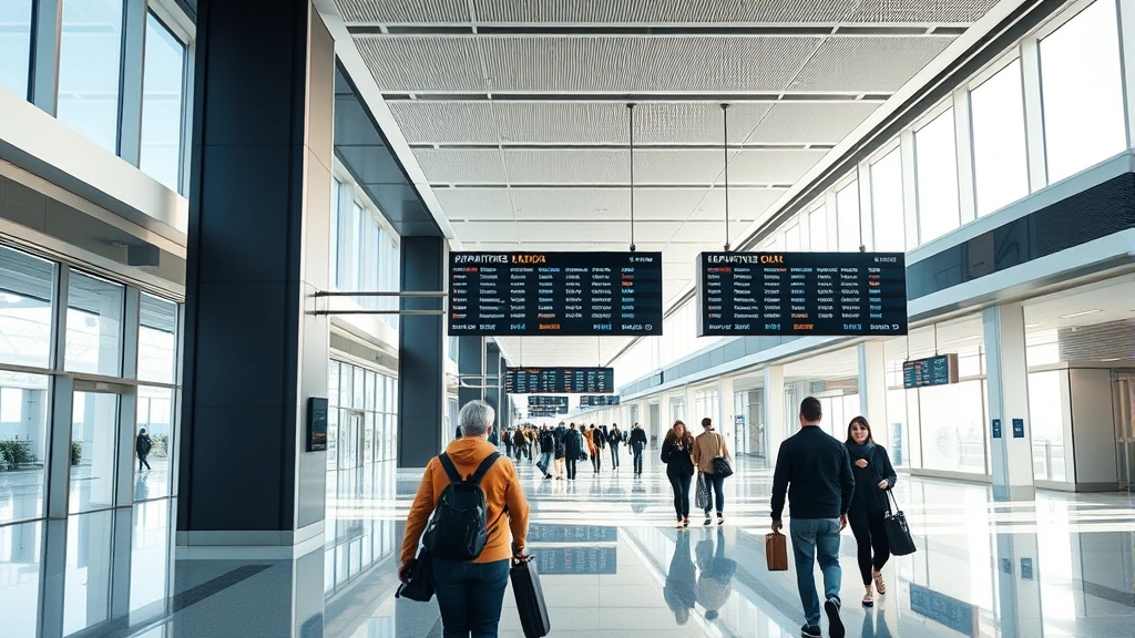 Modern airport terminal interior with departure board, passengers walking through bright corridor, natural light streaming through windows, clean contemporary design, no readable text on signs