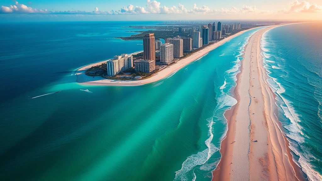 Aerial view of Miami coastline with turquoise ocean waters, white sandy beaches, and downtown skyline at sunrise, vibrant tropical atmosphere