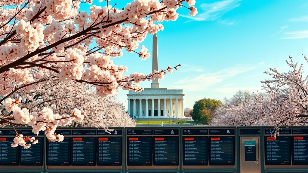 Washington DC monuments and cherry blossoms framing departure boards at airport terminal, travel anticipation mood, spring season lighting