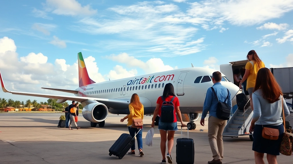 Passengers boarding budget airline aircraft on tarmac, excited travelers with carry-on luggage, tropical destination boarding scene