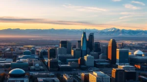 Aerial view of Denver skyline at sunrise with Rocky Mountains in background, modern city landscape with snow-capped peaks