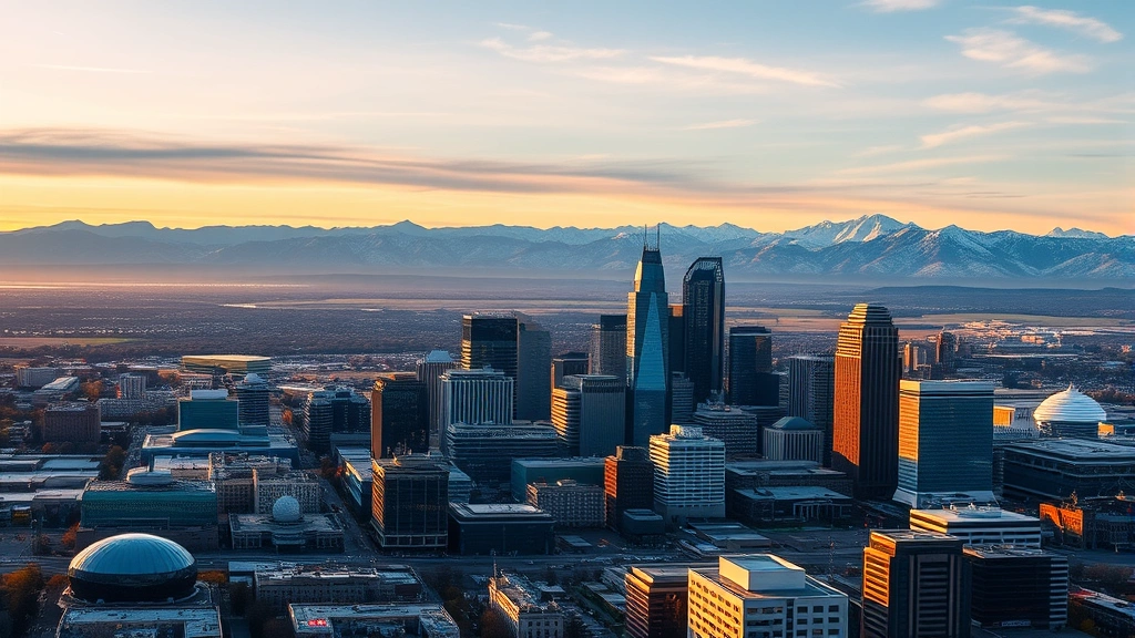 Aerial view of Denver skyline at sunrise with Rocky Mountains in background, modern city landscape with snow-capped peaks
