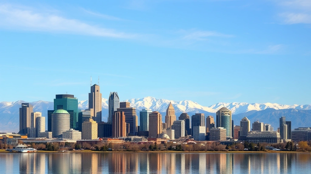 Salt Lake City downtown skyline with Great Salt Lake visible, Wasatch Mountains backdrop, modern urban architecture reflecting in water