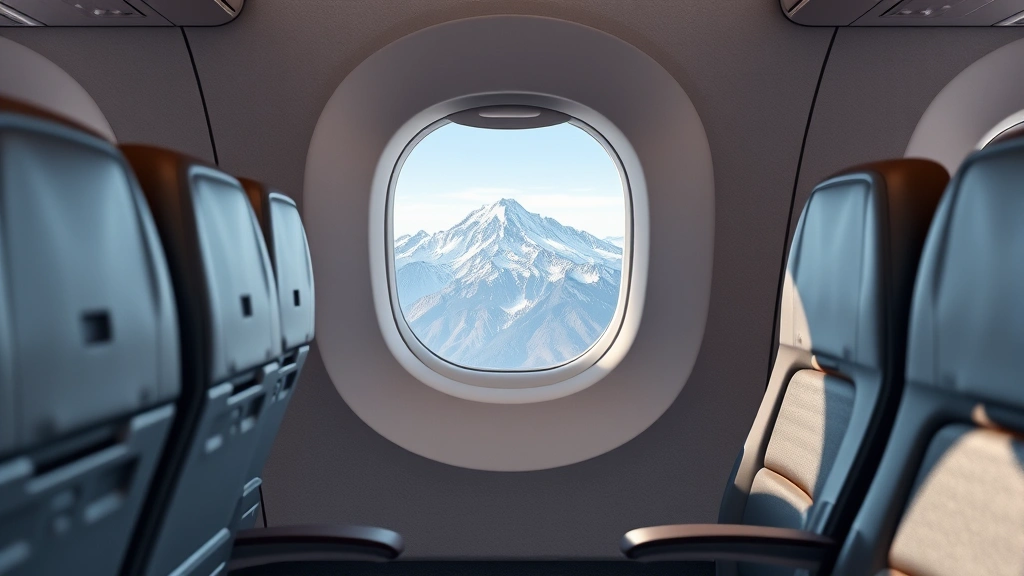 Interior of modern aircraft cabin during flight showing window seat view of mountain landscape below, clean seats and aisle perspective