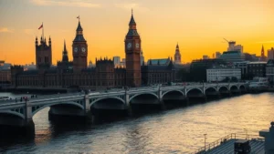 Historic London skyline featuring Big Ben, Houses of Parliament, and Westminster Bridge over the Thames River during golden hour sunset with warm light reflecting off water and iconic British Gothic architecture