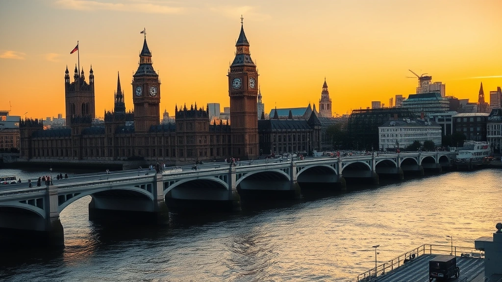 Historic London skyline featuring Big Ben, Houses of Parliament, and Westminster Bridge over the Thames River during golden hour sunset with warm light reflecting off water and iconic British Gothic architecture