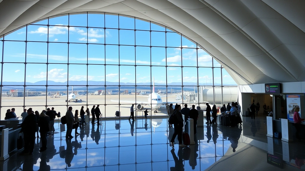 Denver International Airport modern terminal with distinctive white tent-like architecture, airplane visible through windows on the tarmac, travelers at check-in counters, and contemporary travel hub atmosphere