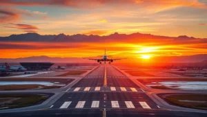 Aerial view of Denver International Airport runway with snow-capped Rocky Mountains in background at sunrise, commercial aircraft taking off, vibrant morning light, photorealistic
