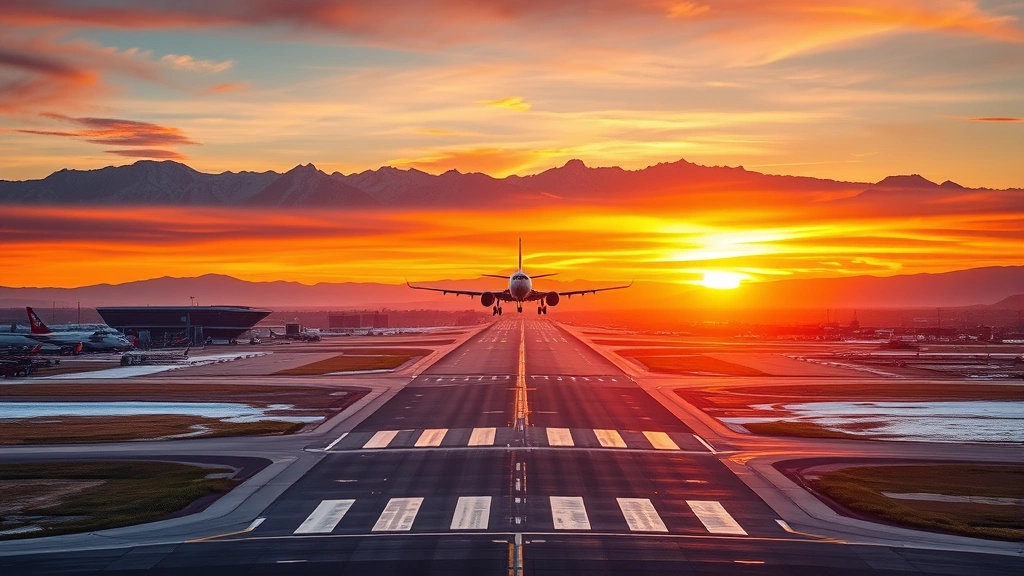 Aerial view of Denver International Airport runway with snow-capped Rocky Mountains in background at sunrise, commercial aircraft taking off, vibrant morning light, photorealistic