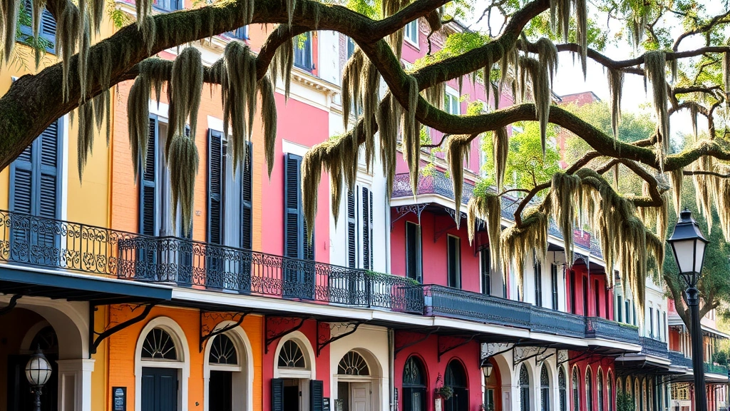 Historic French Quarter architecture in New Orleans with colorful building facades, wrought iron balconies, Spanish moss hanging from oak trees, authentic street scene, daylight