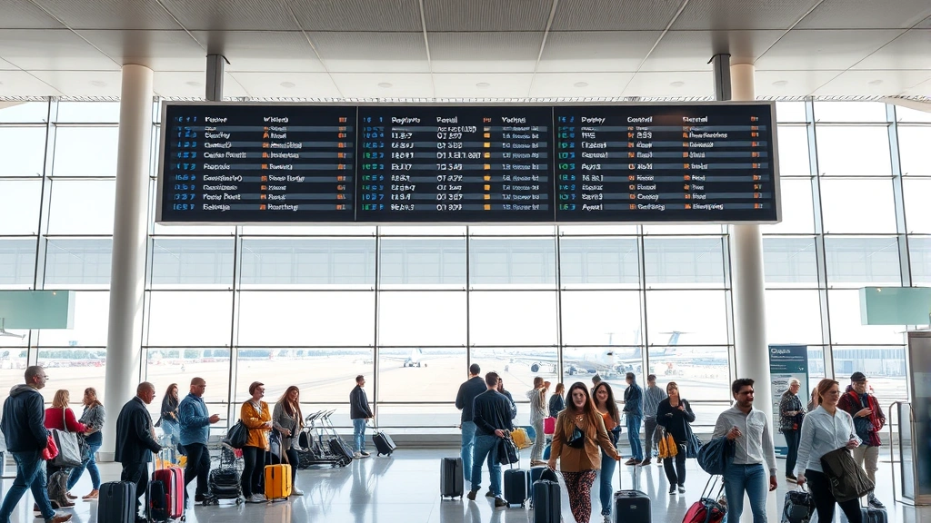 Modern airport terminal interior showing departure board, diverse travelers with luggage at gate areas, large windows with runway views, busy travel hub atmosphere, bright natural lighting