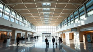 Denver International Airport modern terminal interior with natural light, passengers walking with luggage, clean architecture, daytime bright lighting