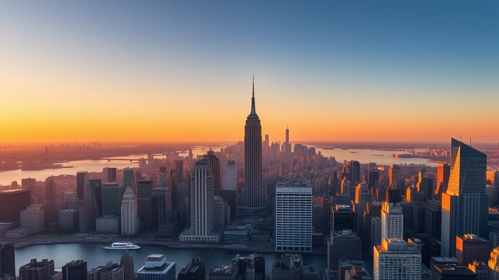 Aerial view of Manhattan skyline at golden hour with Hudson River, Empire State Building, One World Trade Center, vibrant cityscape