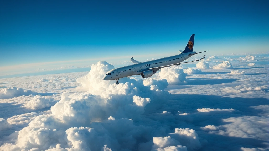 Modern commercial airplane cruising at altitude above clouds with wing visible, blue sky, dramatic cloud formations, professional aviation photography