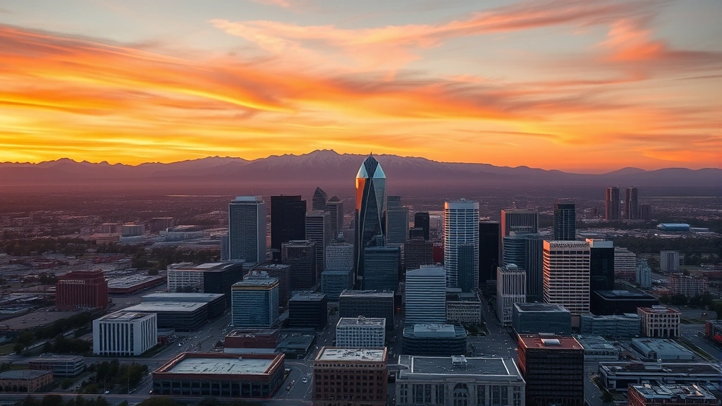 Aerial view of Denver skyline with Rocky Mountains backdrop at sunrise, professional travel photography, no text or signs visible