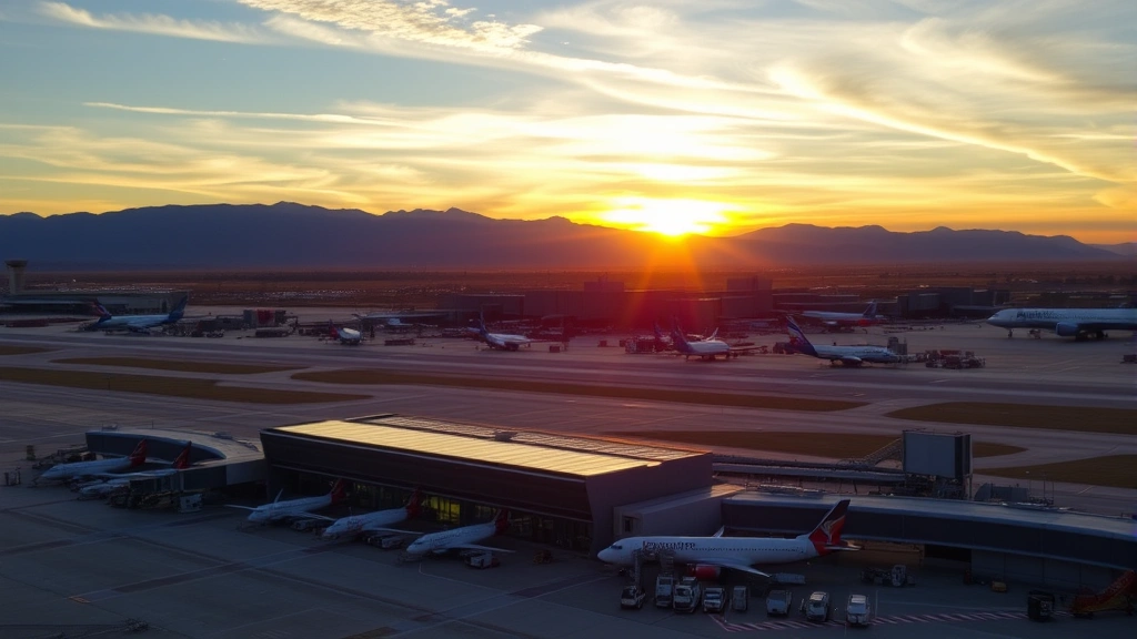 Aerial view of Denver International Airport terminal at sunrise with mountains in background, showing aircraft parked at gates and runway infrastructure