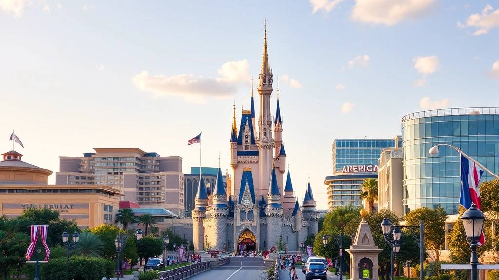 Orlando theme park skyline with Cinderella Castle and modern buildings, vibrant daylight photography, no visible signage or text elements