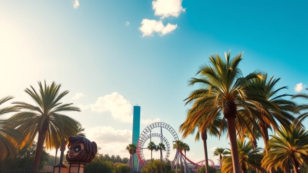 Vibrant Orlando theme park landscape with palm trees, blue sky, and distant roller coaster silhouettes, capturing Florida's tropical adventure atmosphere