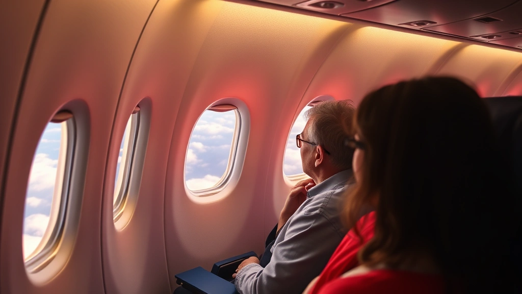 Airplane cabin interior with passengers looking out window at clouds during flight, warm cabin lighting, no visible text or seat numbers