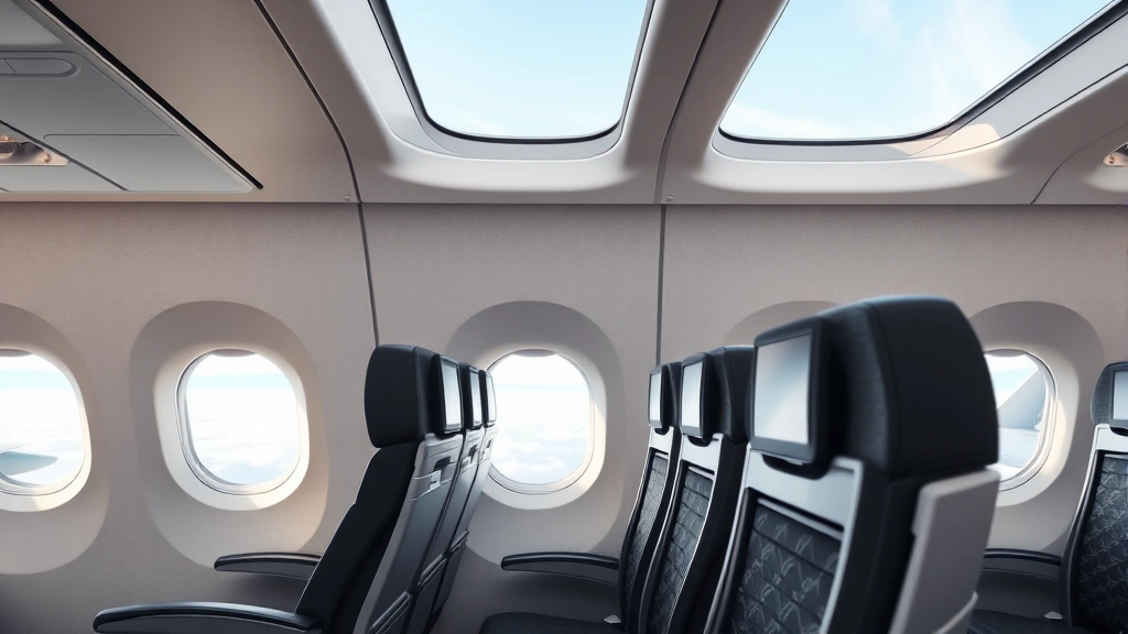 Modern airplane cabin interior with empty seats during daytime flight, showing window views of clouds and wing, comfortable but budget-friendly seating arrangement