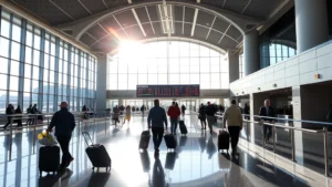 Denver International Airport departure hall with modern architecture, travelers with luggage, bright daylight streaming through large windows, contemporary terminal design