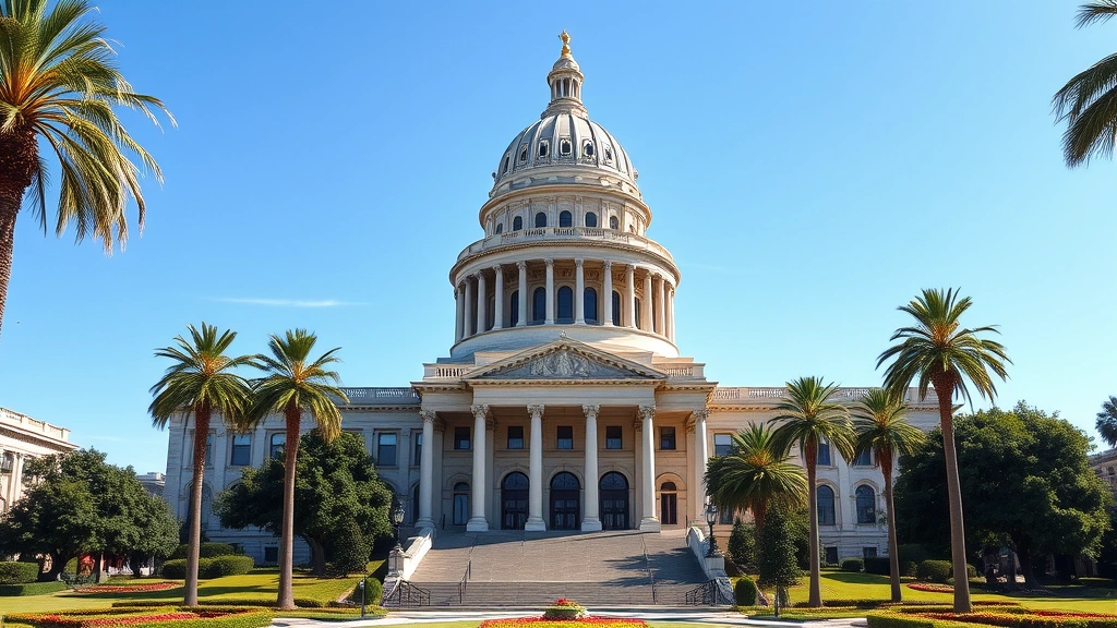 Sacramento California State Capitol building exterior with neoclassical dome, manicured gardens, blue sky, historic architecture surrounded by palm trees