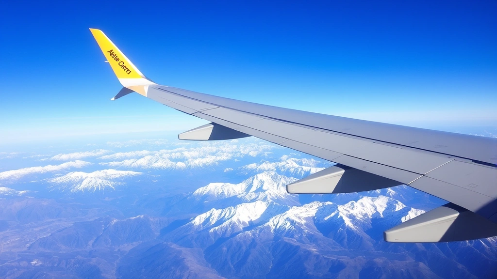 Airplane wing over scenic mountain landscape during flight, Colorado Rocky Mountains below with snow-capped peaks, clear blue sky, aerial perspective of terrain
