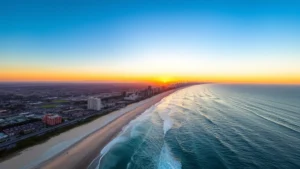 Aerial view of San Diego coastline with Pacific Ocean, sandy beaches, and downtown skyline at sunset with warm golden light