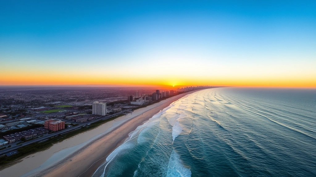 Aerial view of San Diego coastline with Pacific Ocean, sandy beaches, and downtown skyline at sunset with warm golden light