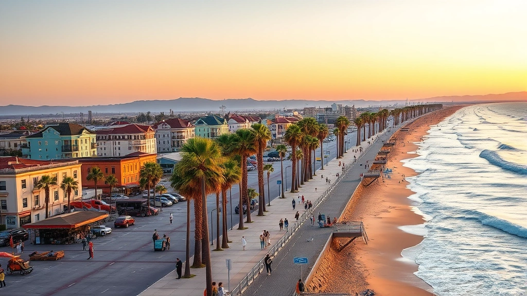 San Diego beach boardwalk scene with palm trees, beachgoers, colorful buildings, and ocean waves during golden hour