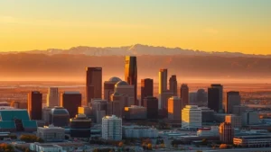 Aerial view of Denver skyline with Rocky Mountains at sunset, modern skyscrapers reflecting golden light, snow-capped peaks in background, vibrant urban landscape meeting wilderness
