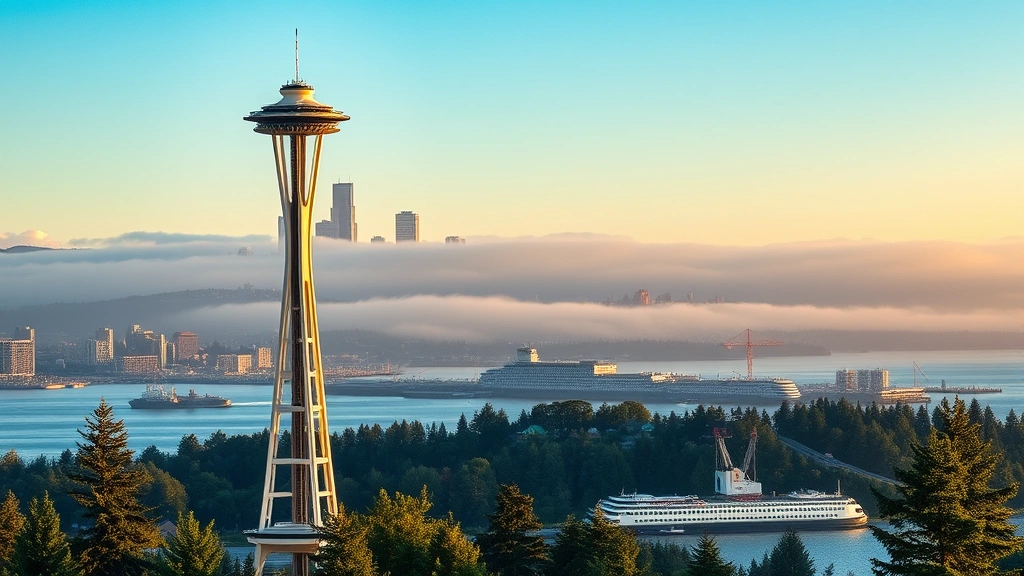 Seattle Space Needle rising above Elliott Bay with ferry boats, Puget Sound waters, downtown skyline, misty evergreen forests, Pacific Northwest scenery, early morning light