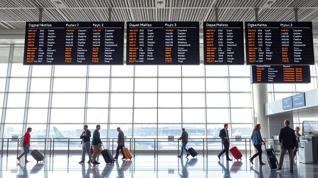 Modern airport terminal interior with departure boards showing flight information, travelers with luggage checking in, large windows with natural light, contemporary architecture