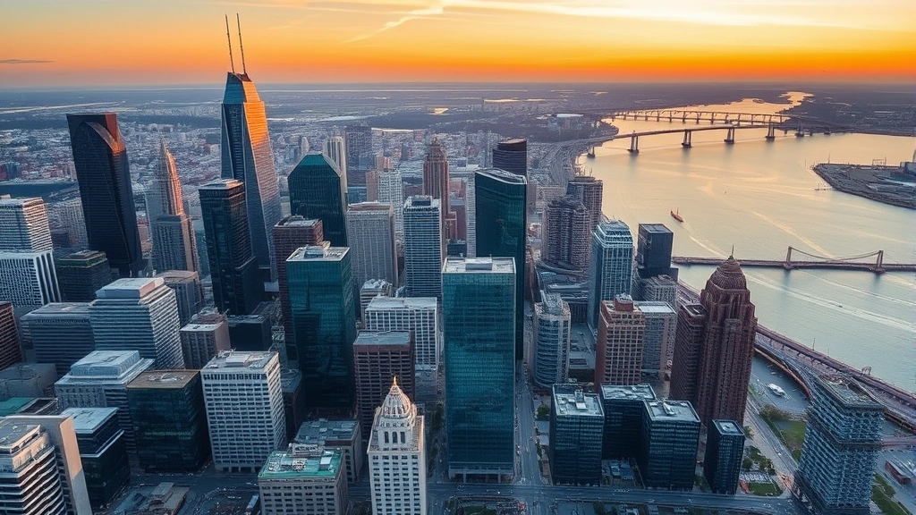 Aerial view of Detroit cityscape with modern skyscrapers and the Detroit River at sunset, photorealistic, vibrant urban landscape, no text visible