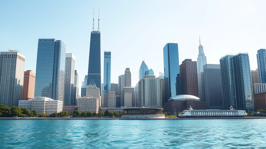Chicago's iconic skyline featuring Willis Tower and Lake Michigan waterfront, bright daylight, modern architecture, photorealistic travel photography, no signage