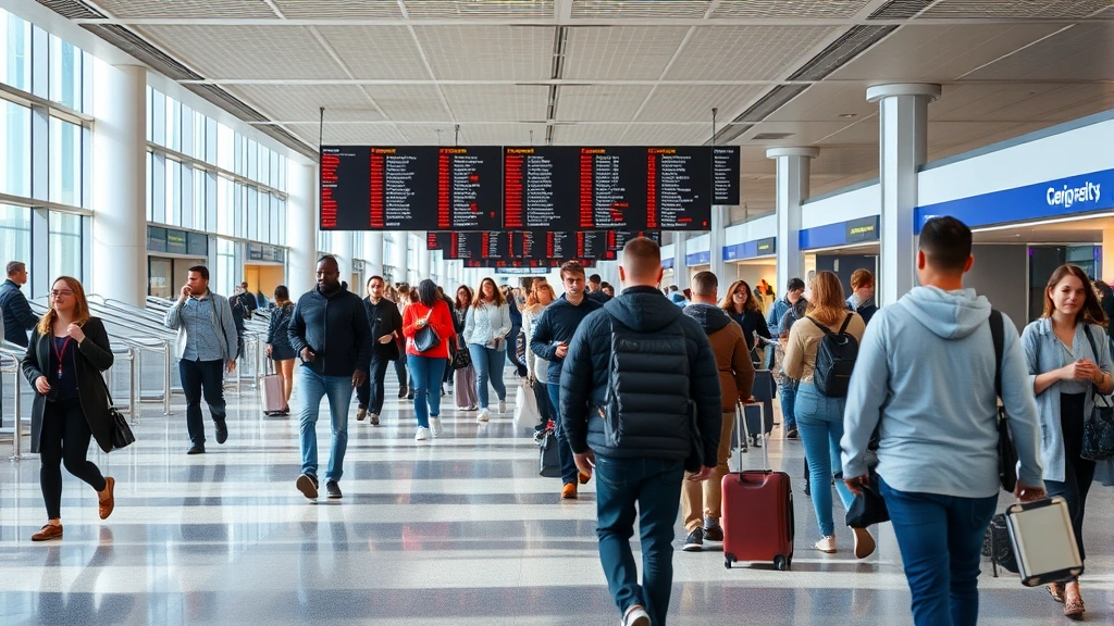 Busy airport terminal with travelers walking through modern concourse, departure boards visible in background, natural lighting, candid travel scene, no readable text