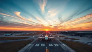 Aerial view of Detroit Metropolitan Airport runway with commercial aircraft during golden hour sunset, vibrant sky colors, modern terminal buildings visible in background, photorealistic professional photography