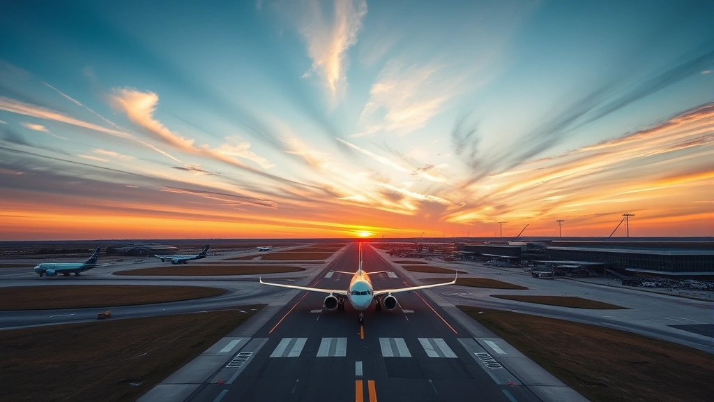 Aerial view of Detroit Metropolitan Airport runway with commercial aircraft during golden hour sunset, vibrant sky colors, modern terminal buildings visible in background, photorealistic professional photography