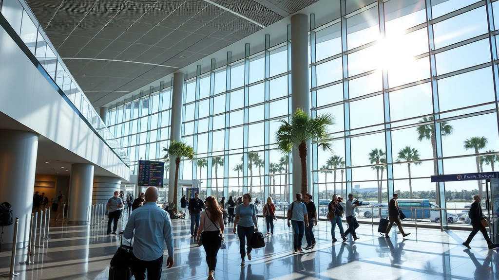 Tampa International Airport modern terminal interior with bright natural light streaming through large windows, travelers walking through contemporary architecture, palm trees visible outside glass walls, dynamic travel atmosphere