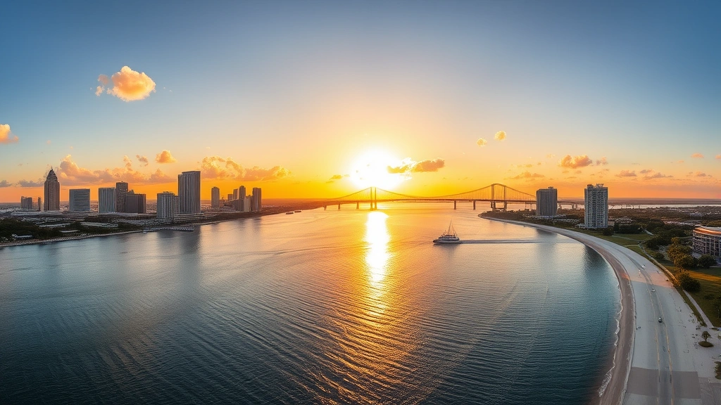 Panoramic view of Tampa Bay waterfront at sunset with downtown skyline, Sunshine Skyway Bridge in distance, calm water reflecting golden light, beach and parks visible, vibrant Florida landscape photography