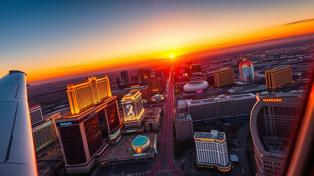 Aerial view of Las Vegas Strip at sunset with bright neon lights and resort casinos reflecting golden hour light, vibrant cityscape from airplane window perspective, photorealistic travel photography