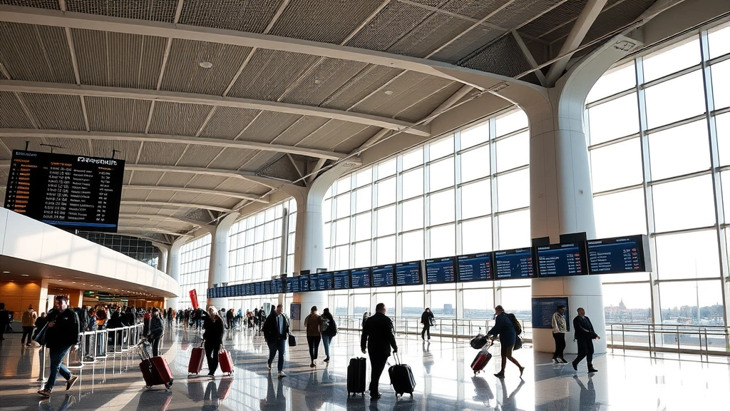 Modern airport terminal interior at Fresno with departure boards, passengers walking with luggage, natural light streaming through windows, bustling travel scene with contemporary architecture