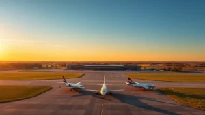 Aerial view of Grand Rapids airport tarmac with regional jets lined up, early morning golden light, vibrant Michigan landscape in background
