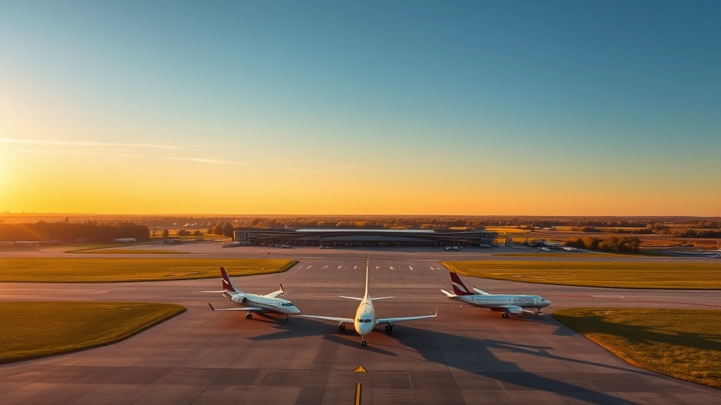 Aerial view of Grand Rapids airport tarmac with regional jets lined up, early morning golden light, vibrant Michigan landscape in background
